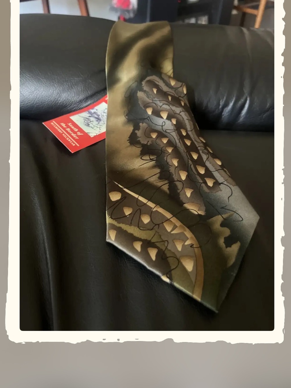 J. Garcia Olive Green Silk Tie with Gold Leaf Motif